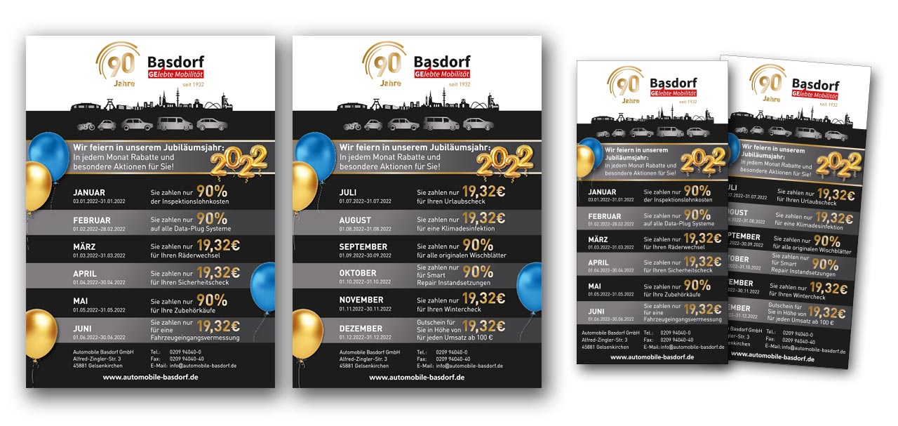 Poster und Flyer - Imagekampagne für Firmenjubiläum in Gelsenkirchen Flyer mit Werbeaktionen zum Firmenjubiläum